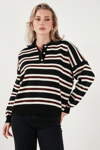 Lela Çizgili Oversize Fit Düğmeli Bayan Polo Yaka Kazak 4615259 SİYAH
