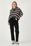 Lela Çizgili Oversize Fit Düğmeli Bayan Polo Yaka Kazak 4615259 SİYAH