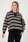 Lela Çizgili Oversize Fit Düğmeli Bayan Polo Yaka Kazak 4615259 SİYAH