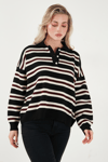 Lela Çizgili Oversize Fit Düğmeli Bayan Polo Yaka Kazak 4615259 SİYAH