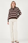 Lela Çizgili Oversize Fit Düğmeli Bayan Polo Yaka Kazak 4615259 KAHVE