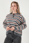 Lela Çizgili Oversize Fit Düğmeli Bayan Polo Yaka Kazak 4615259 GRİ