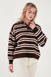 Lela Çizgili Oversize Fit Düğmeli Bayan Polo Yaka Kazak 4615259 KAHVE