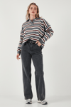 Lela Çizgili Oversize Fit Düğmeli Bayan Polo Yaka Kazak 4615259 GRİ