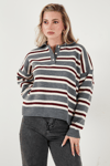 Lela Çizgili Oversize Fit Düğmeli Bayan Polo Yaka Kazak 4615259 GRİ