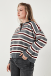 Lela Çizgili Oversize Fit Düğmeli Bayan Polo Yaka Kazak 4615259 GRİ