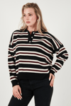 Lela Çizgili Oversize Fit Düğmeli Bayan Polo Yaka Kazak 4615259 SİYAH