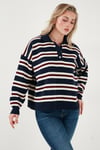 Lela Çizgili Oversize Fit Düğmeli Bayan Polo Yaka Kazak 4615259 LACİVERT