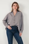 Lela Çizgili Oversize Fit Klasik Yaka Uzun Kollu Bayan Gömlek 6925475 KAHVE