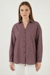 Lela Çizgili Oversize Fit Klasik Yaka Uzun Kollu Bayan Gömlek 6925437 BORDO