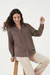 Lela Çizgili Oversize Fit Klasik Yaka Uzun Kollu Bayan Gömlek 6925437 KAHVE