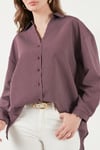 Lela Çizgili Oversize Fit Klasik Yaka Uzun Kollu Bayan Gömlek 6925437 BORDO