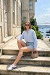 Lela Çizgili Oversize Fit Klasik Yaka Uzun Kollu Bayan Gömlek 6925437 MAVİ