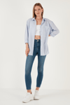 Lela Çizgili Pamuklu Regular Fit Tek Cepli Bayan Gömlek 611GM0018 MAVİ