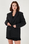 Lela Çizgili Yün Karışımlı Oversize Fit Kruvaze Yaka Kemerli Bayan Ceket 6839634 SİYAH