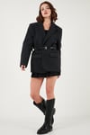 Lela Çizgili Yün Karışımlı Oversize Fit Kruvaze Yaka Kemerli Bayan Ceket 6839634 SİYAH