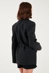 Lela Çizgili Yün Karışımlı Oversize Fit Kruvaze Yaka Kemerli Bayan Ceket 6839634 SİYAH