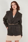Lela Çizgili Yün Karışımlı Oversize Fit Kruvaze Yaka Kemerli Bayan Ceket 6839634 VİZON