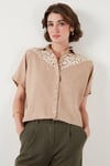 Lela Dantelli Relaxed Fit Kısa Kollu Kadın Gömlek 5865764 TAŞ