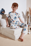 Lela Desenli % 100 Pamuk Bisiklet Yaka Erkek Çocuk Pijama Takımı 6651003 EKRU-MAVİ