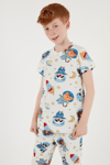 Lela Desenli % 100 Pamuk Bisiklet Yaka Erkek Çocuk Pijama Takımı 6651003 EKRU-MAVİ