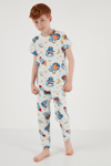Lela Desenli % 100 Pamuk Bisiklet Yaka Erkek Çocuk Pijama Takımı 6651003 EKRU-MAVİ