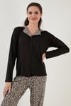 Lela Desenli Beli Lastikli Uzun Kollu Gömlek Yaka Dokuma Pijama Takım Bayan Pijama Takımı 6097520 LEOPAR-SİYAH