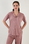 Lela Desenli Kısa Kollu Beli Lastikli Gömlek Yaka Dokuma Bayan Pijama Takımı 6097515 GÜL KURUSU