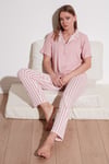 Lela Desenli Kısa Kollu Beli Lastikli Gömlek Yaka Dokuma Bayan Pijama Takımı 6097515 PUDRA