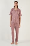 Lela Desenli Kısa Kollu Beli Lastikli Gömlek Yaka Dokuma Bayan Pijama Takımı 6097515 GÜL KURUSU