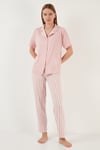 Lela Desenli Kısa Kollu Beli Lastikli Gömlek Yaka Dokuma Bayan Pijama Takımı 6097515 PUDRA