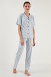 Lela Desenli Kısa Kollu Beli Lastikli Gömlek Yaka Dokuma Bayan Pijama Takımı 6097515 AÇIK MAVİ