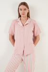 Lela Desenli Kısa Kollu Beli Lastikli Gömlek Yaka Dokuma Bayan Pijama Takımı 6097515 PUDRA