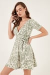 Lela Desenli Kruvaze Yaka Regular Fit Kadın Elbise 5865723 Olive