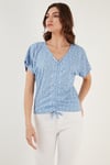 Lela Desenli Önü Büzgülü V Yaka Crop Bayan Bluz 5864486Y4 BEBE MAVİ