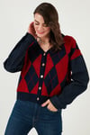 Lela Desenli Regular Fit Düğmeli V Yaka Crop Bayan Hırka 4615553 LACİVERT-KIRMIZI