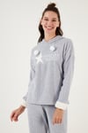 Lela Desenli Regular Fit Kapüşonlu Polar Bayan Pijama Takımı 6571004 GRİ