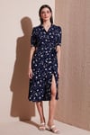 Lela Desenli Regular Fit Yırtmaçlı Midi Boy Kemerli Gömlek Bayan Elbise 6782106 LACİVERT