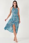Lela Desenli Slim Fit Düğmeli Midi Boy Gömlek Bayan Elbise 6772451 PETROL