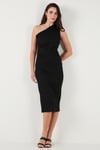 Lela Desenli Slim Fit Midi Boy Tek Omuzlu Abiye Kadın Elbise 5866202 SİYAH