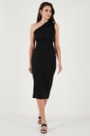 Lela Desenli Slim Fit Midi Boy Tek Omuzlu Abiye Kadın Elbise 5866202 SİYAH