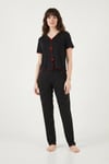 Lela Desenli Standart Fit Kurdele Detaylı Kısa Kollu Kadın Pijama Takımı 6091435 SİYAH-KIRMIZI