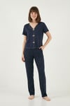 Lela Desenli Standart Fit Kurdele Detaylı Kısa Kollu Bayan Pijama Takımı 6091435 LACİVERT-BEYAZ