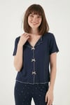 Lela Desenli Standart Fit Kurdele Detaylı Kısa Kollu Bayan Pijama Takımı 6091435 LACİVERT-BEYAZ