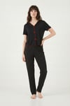 Lela Desenli Standart Fit Kurdele Detaylı Kısa Kollu Kadın Pijama Takımı 6091435 SİYAH-KIRMIZI