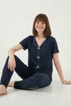 Lela Desenli Standart Fit Kurdele Detaylı Kısa Kollu Bayan Pijama Takımı 6091435 LACİVERT-BEYAZ
