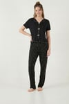 Lela Desenli Standart Fit Kurdele Detaylı Kısa Kollu Bayan Pijama Takımı 6091435 SİYAH-BEYAZ
