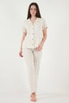 Lela Desenli Yumuşak Dokulu Regular Fit Düğmeli Kısa Kollu Kadın Pijama Takımı 65750101Y EKRU-YEŞİL