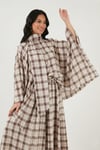 Lela Ekoseli Pamuklu Oversize Fit Fular Yakalı Bayan Panço 6925472 KAHVE