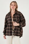 Lela Ekoseli Pamuklu Oversize Fit Klasik Yaka Bayan Gömlek 6835002 KAHVE